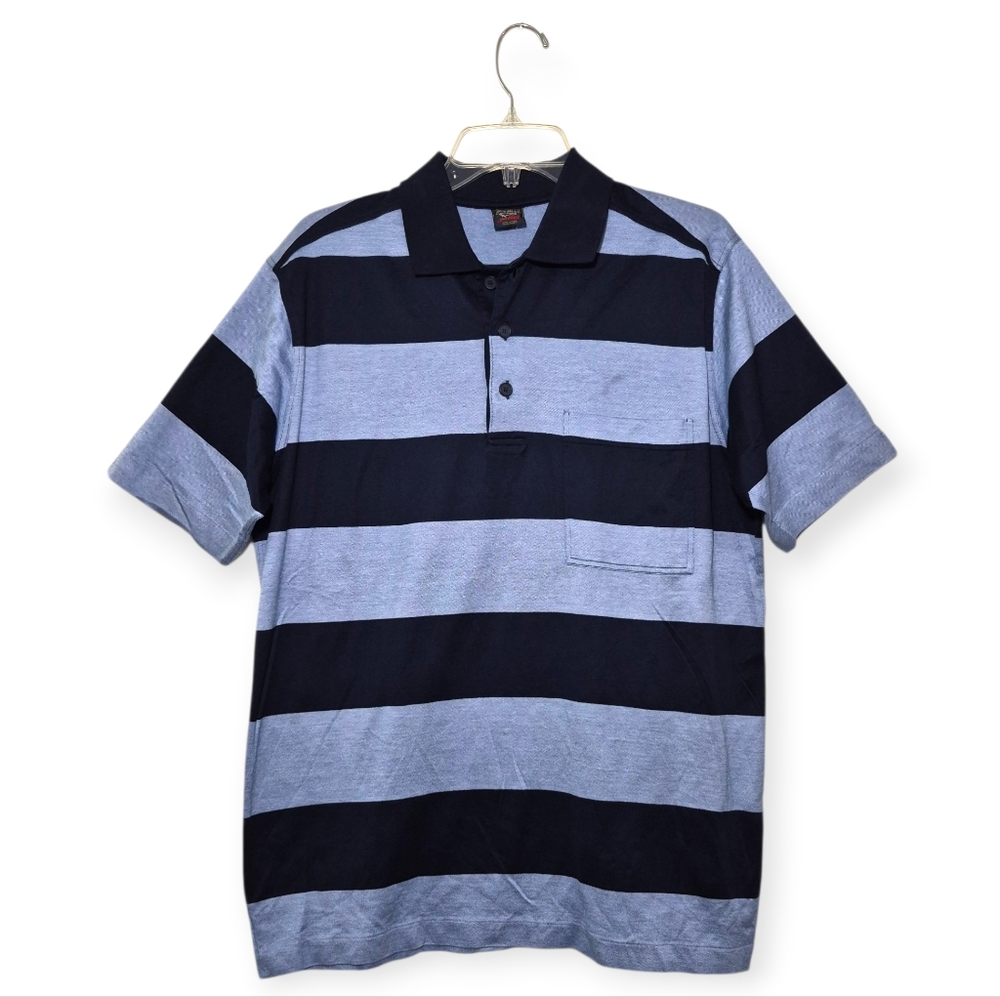PAUL & SHARK YACHTING Striped Polo Shirt Navy Blue Light Blue With Pocket Large